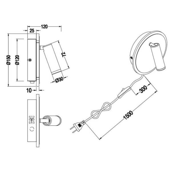 Medidas Aplique de Pared LED con Lector y Luz Ambiente Negro Mate encendido