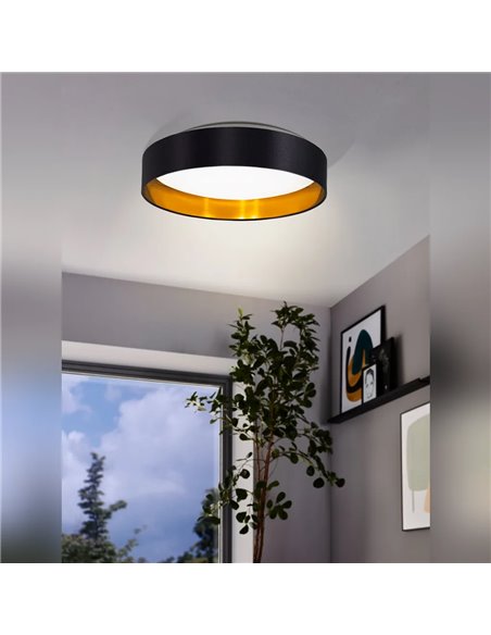 Luminária de teto MASERLO 2 LED, preta e dourada, 20W, 3000K, 2400lm, Ø380mm