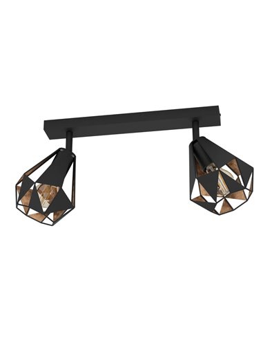 Faixa de spots CARLTON 7 preta e cobre envelhecido, 2 soquetes E27 (não incluídos), 420 mm