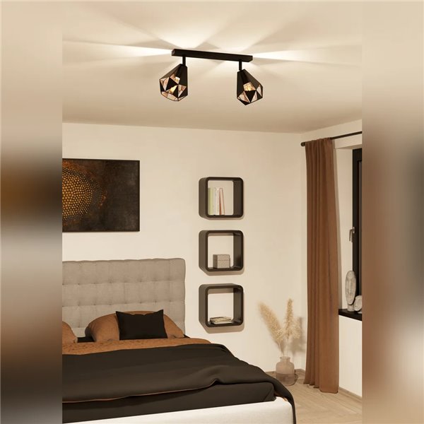 Faixa de spots CARLTON 7 preta e cobre envelhecido, 2 soquetes E27 (não incluídos), 420 mm