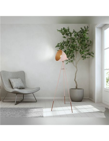 Lampadaire trépied CHESTER-P rose vintage/industriel avec intérieur en cuivre, douille E27 (non fournie), hauteur 1495 mm