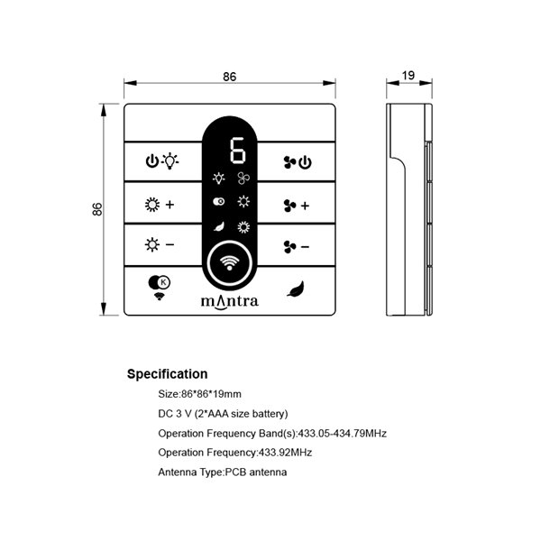 Mando de pared para Ventilador MANTRA Compatible R00143-R00148, 433MHz