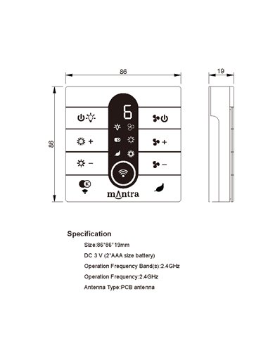 Mando de pared para Ventilador MANTRA Compatible R00142-R00233, 2,4GHz