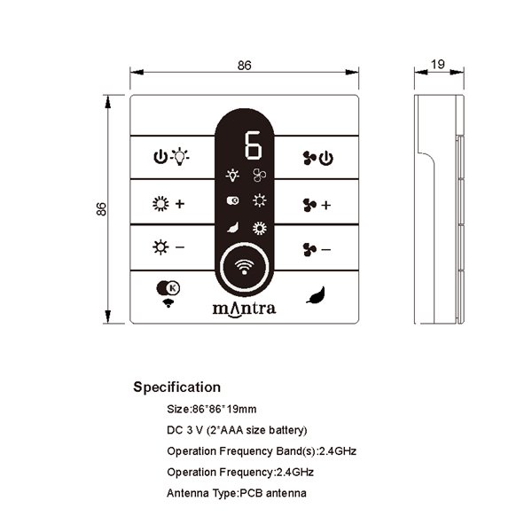 Controlador de parede Ventoinha compatível com MANTRA R00142-R00233, 2,4 GHz