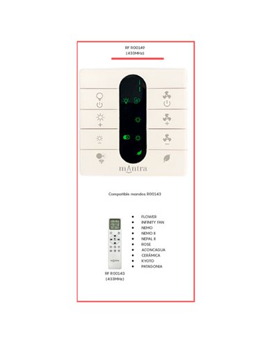 Mando de pared para Ventilador MANTRA Compatible R00143-R00148, 433MHz