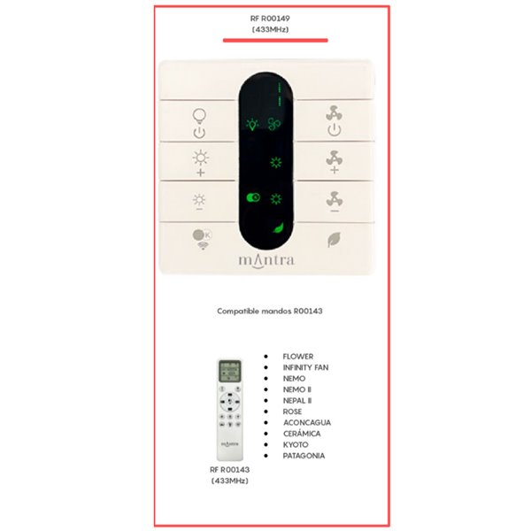 Mando de pared para Ventilador MANTRA Compatible R00143-R00148, 433MHz