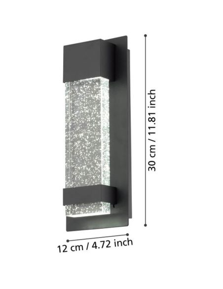 Medidas Aplique de pared LED Exterior VILLAGRAZIA negro de vidrio con burbujas de aire 30cm largo