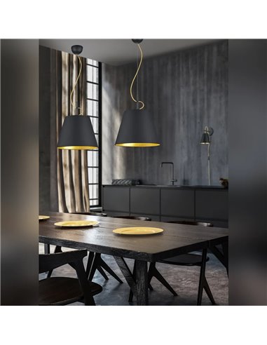Luminária pendente ANDREUS com cúpula em tecido preto e interior dourado (sem casquilho E27, máx. 60W), altura ajustável.