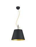 Luminária pendente ANDREUS com cúpula em tecido preto e interior dourado (sem casquilho E27, máx. 60W), altura ajustável.