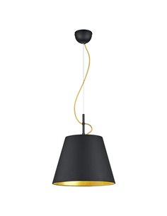 Luminária pendente ANDREUS com cúpula em tecido preto e interior dourado (sem casquilho E27, máx. 60W), altura ajustável.