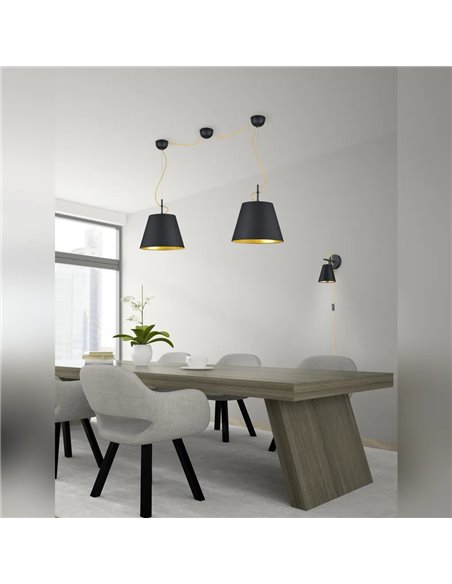 Lámpara colgante ANDREUS 2 pantallas con ajuste de altura individual, tela negra e interior dorado 2xE27 excl.