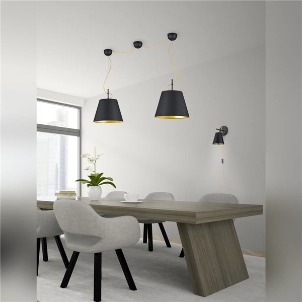 Suspension ANDREUS avec 2 abat-jour à réglage individuel de la hauteur, tissu noir et intérieur doré, 2xE27 exc.