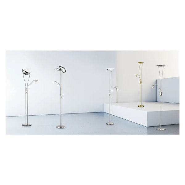 Luminária de chão LED SPLIT, ajustável com braço de leitura em níquel fosco, 18W+3,5W, 2000lm+400lm, 3000-6500K