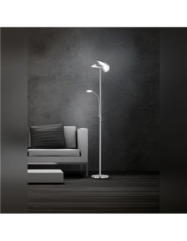 Lampadaire LED double, réglable avec bras de lecture en nickel mat, 18 W + 3,5 W, 2 000 lm + 400 lm, 3 000-6 500 K