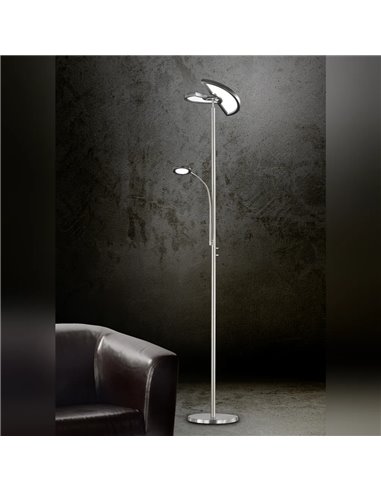 Lampadaire LED double, réglable avec bras de lecture en nickel mat, 18 W + 3,5 W, 2 000 lm + 400 lm, 3 000-6 500 K