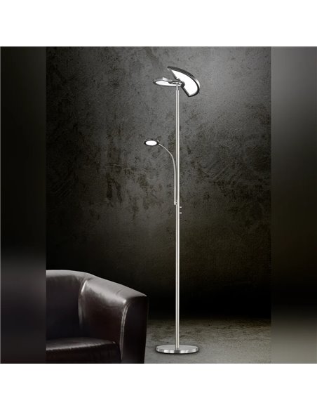 Lampadaire LED double, réglable avec bras de lecture en nickel mat, 18 W + 3,5 W, 2 000 lm + 400 lm, 3 000-6 500 K