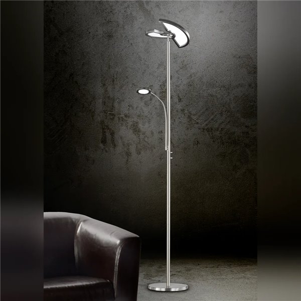 Lampadaire LED double, réglable avec bras de lecture en nickel mat, 18 W + 3,5 W, 2 000 lm + 400 lm, 3 000-6 500 K