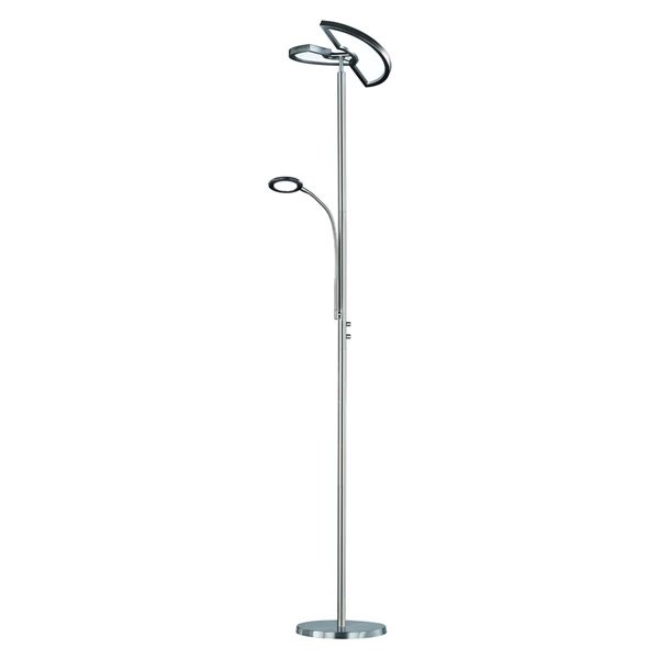 Lampadaire LED double, réglable avec bras de lecture en nickel mat, 18 W + 3,5 W, 2 000 lm + 400 lm, 3 000-6 500 K