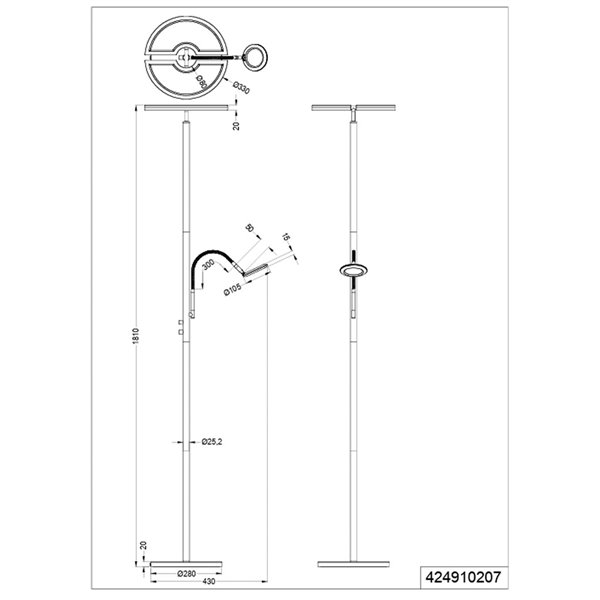 Luminária de chão LED SPLIT, ajustável com braço de leitura em níquel fosco, 18W+3,5W, 2000lm+400lm, 3000-6500K
