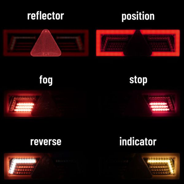Lanterna traseira LED fina com 6 funções | Com triângulo integrado | 12/24V