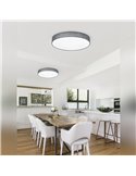 Luminária de teto LED LUGANO com cúpula ajustável em tecido cinza e luz noturna, 60W, 5000 lúmens, 3000-5000K, Ø75cm