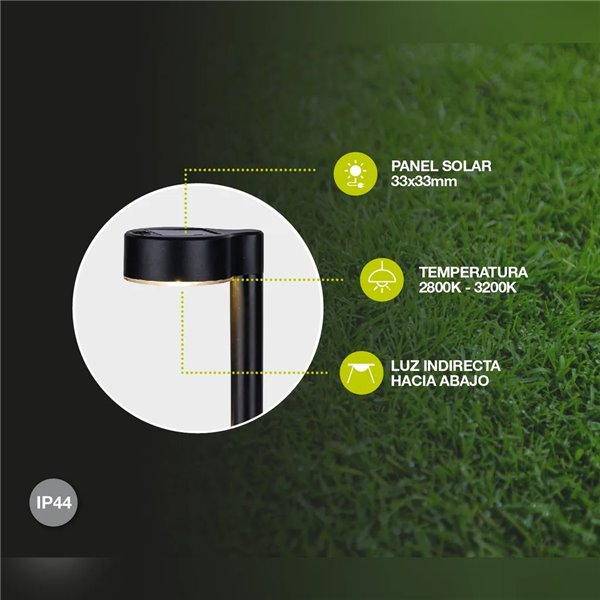 Luminária de jardim solar BANKI preta, modelo Beacon, 2800-3200K, iluminação indireta para baixo.