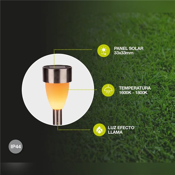 Luminária solar de LED NIALI com efeito de chama, aço inoxidável, 1800K, acendimento automático, IP44
