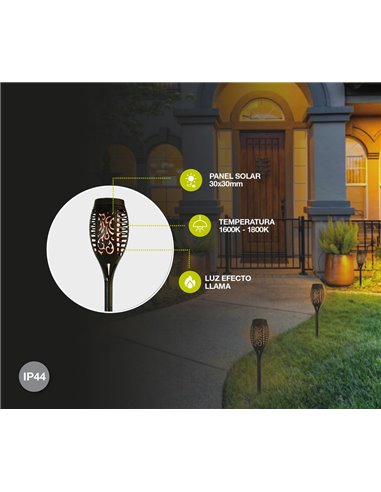 Lampe torche solaire LED KODALA noire 1800K IP44 avec effet flamme et allumage automatique pour le jardin