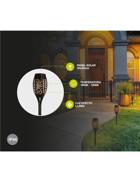 KODALA Schwarze 1800K IP44 LED-Solar-Fackel mit Flammeneffekt und automatischer Einschaltfunktion für den Garten