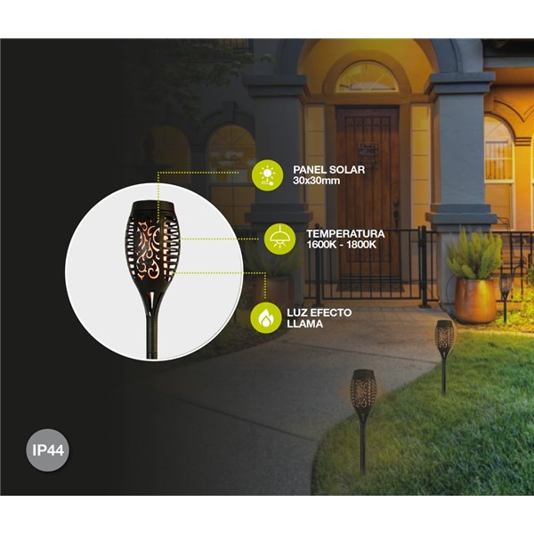 Lampe torche solaire LED KODALA noire 1800K IP44 avec effet flamme et allumage automatique pour le jardin