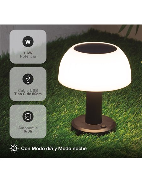 Lâmpada solar LED portátil URGANI RGB em formato de cogumelo, recarregável via USB, ideal para jardim e camping, IP44.
