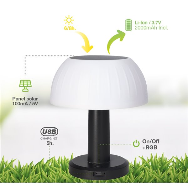 Lâmpada solar LED portátil URGANI RGB em formato de cogumelo, recarregável via USB, ideal para jardim e camping, IP44.