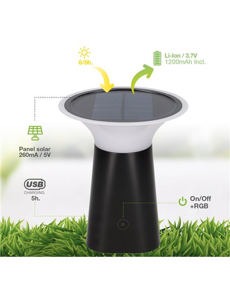 Lâmpada solar portátil LED DAGAL, recarregável via USB, 100 lúmens, 3000K, ideal para jardim e camping.