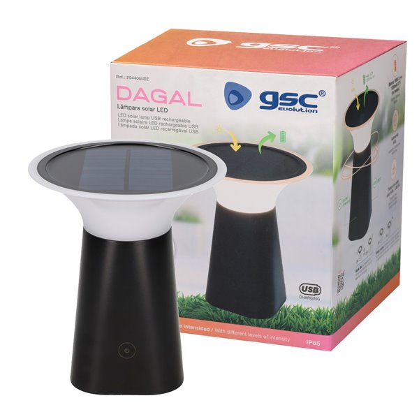 Lâmpada solar portátil LED DAGAL, recarregável via USB, 100 lúmens, 3000K, ideal para jardim e camping.
