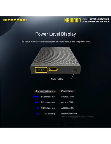 Batterie externe Nitecore NB10000 GEN2 Fibre de carbone 10000mAh 20W USB-C USB-A IPX5