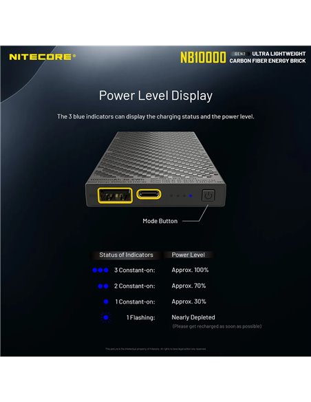 Power Bank Nitecore NB10000 GEN2 Fibra de Carbono 10000mAh 20W USB-C USB-A IPX5