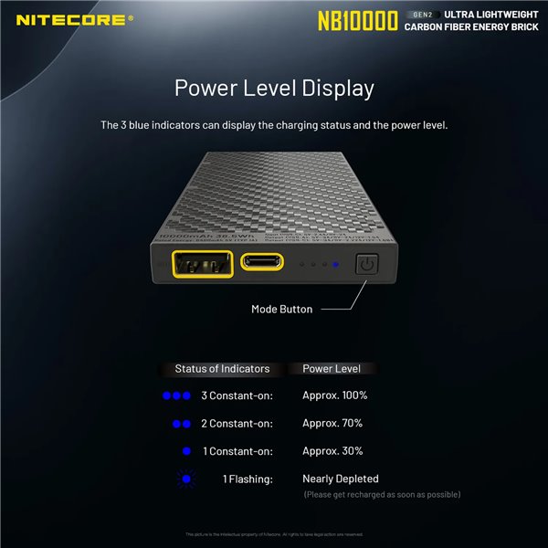 Powerbank Nitecore NB10000 GEN2 Faserverstärkter Kohlenstofffaser 10000mAh 20W USB-C USB-A IPX5