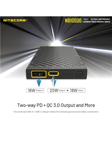 Batterie externe Nitecore NB10000 GEN2 Fibre de carbone 10000mAh 20W USB-C USB-A IPX5