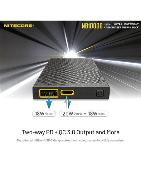Power Bank Nitecore NB10000 GEN2 Fibra de Carbono 10000mAh 20W USB-C USB-A IPX5