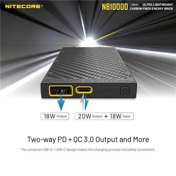 Power Bank Nitecore NB10000 GEN2 Fibra de Carbono 10000mAh 20W USB-C USB-A IPX5