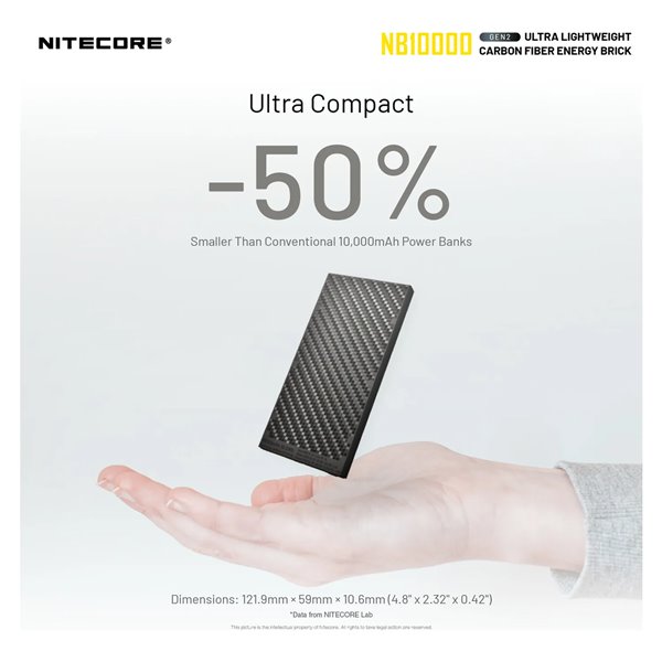 Batterie externe Nitecore NB10000 GEN2 Fibre de carbone 10000mAh 20W USB-C USB-A IPX5