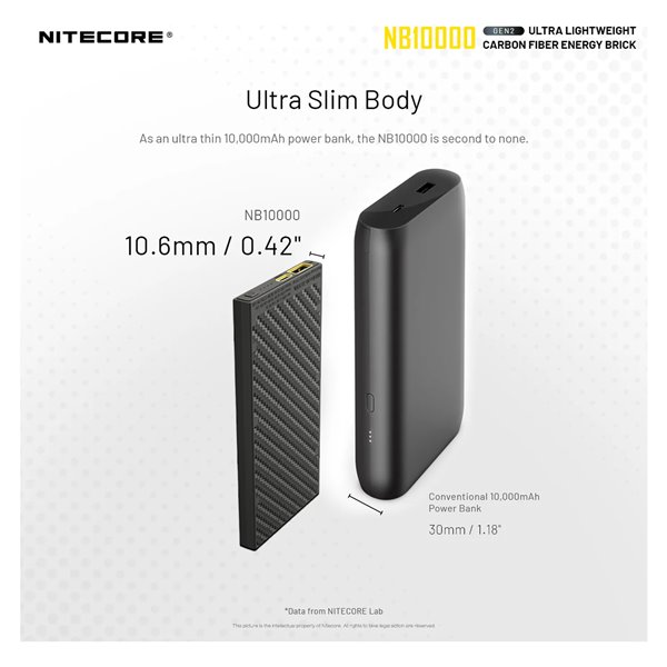 Powerbank Nitecore NB10000 GEN2 Faserverstärkter Kohlenstofffaser 10000mAh 20W USB-C USB-A IPX5
