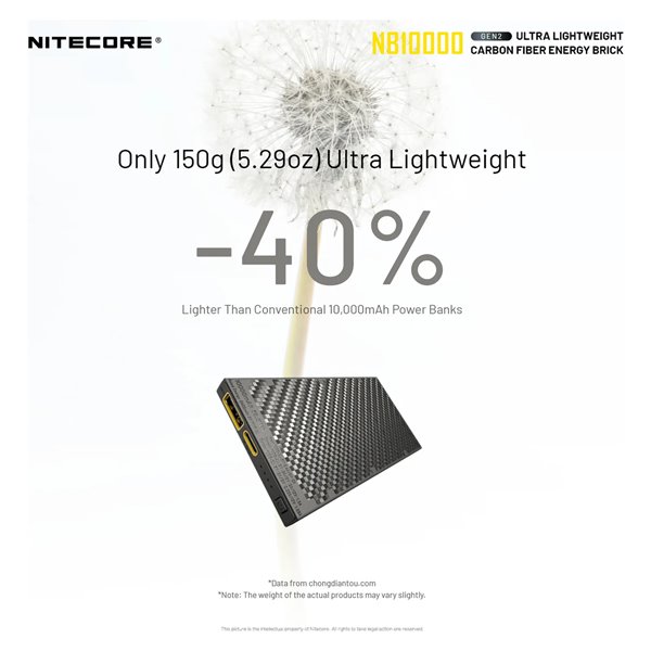 Power Bank Nitecore NB10000 GEN2 Fibra de Carbono 10000mAh 20W USB-C USB-A IPX5