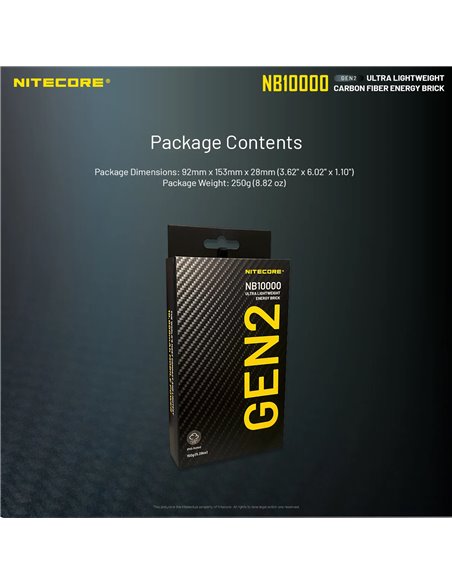 Power Bank Nitecore NB10000 GEN2 Fibra de Carbono 10000mAh 20W USB-C USB-A IPX5