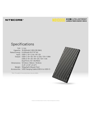 Power Bank Nitecore NB10000 GEN2 Fibra de Carbono 10000mAh 20W USB-C USB-A IPX5