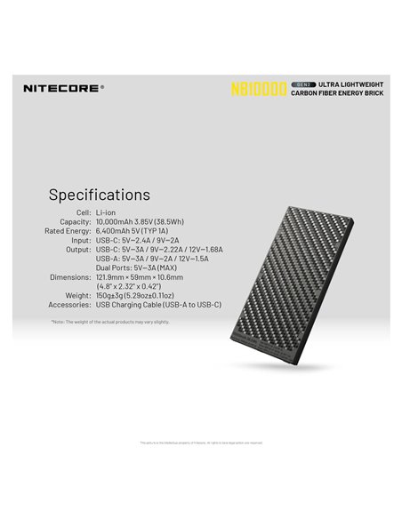 Power Bank Nitecore NB10000 GEN2 Fibra de Carbono 10000mAh 20W USB-C USB-A IPX5