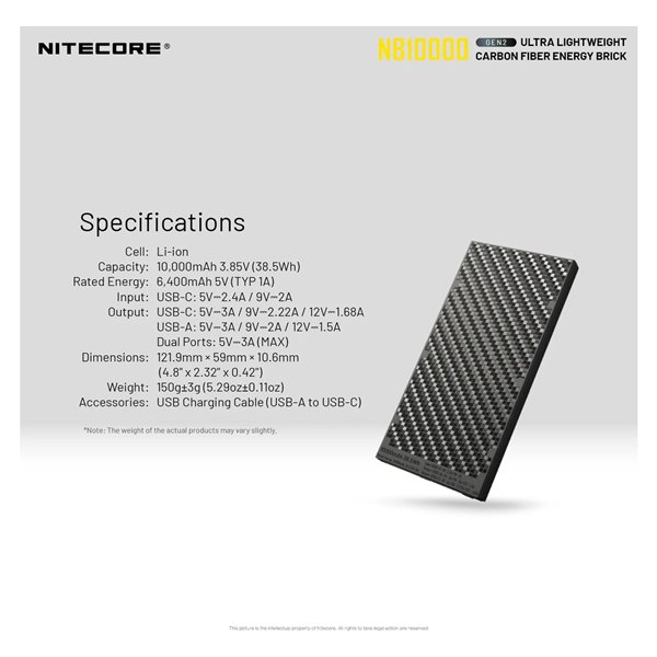 Powerbank Nitecore NB10000 GEN2 Faserverstärkter Kohlenstofffaser 10000mAh 20W USB-C USB-A IPX5