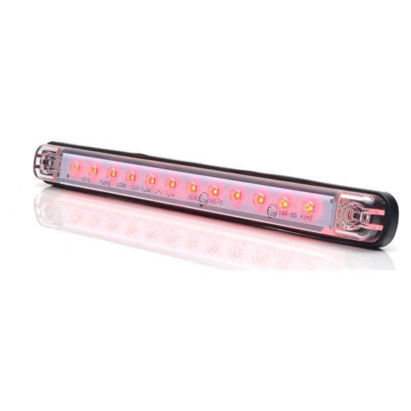 Luz de freio traseira universal em LED vermelho, 12-24V, com certificação IP66/68 ECE R7 S3.