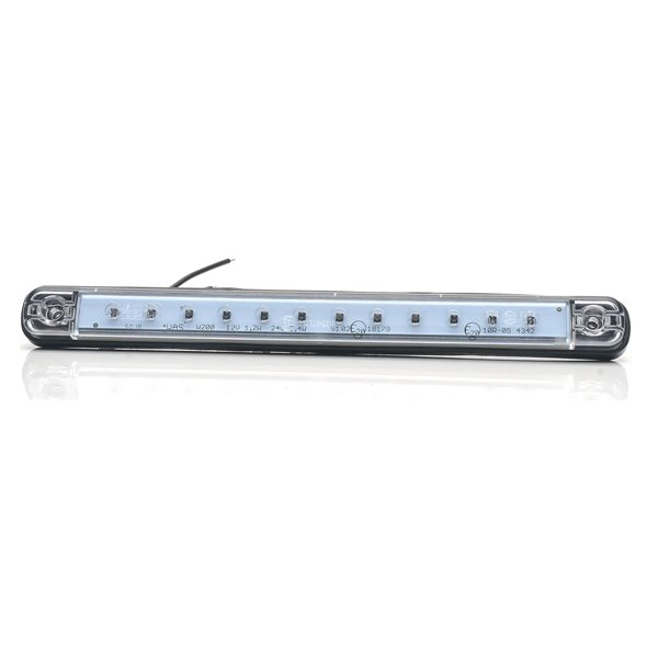 Luz de freio traseira universal em LED vermelho, 12-24V, com certificação IP66/68 ECE R7 S3.