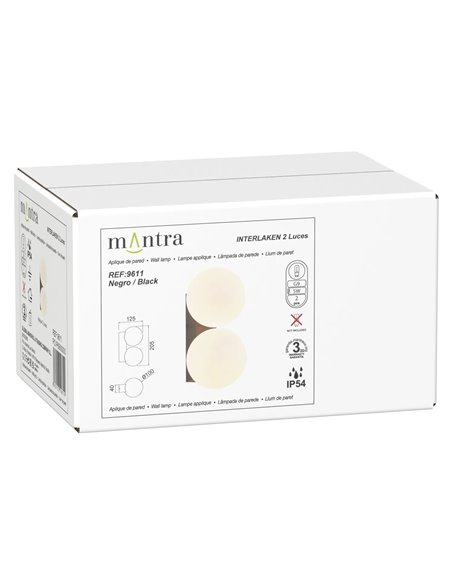 Applique murale extérieure INTERLAKEN IP54 noire pour 2 ampoules LED G9 (non incluses) 205 x 125 mm